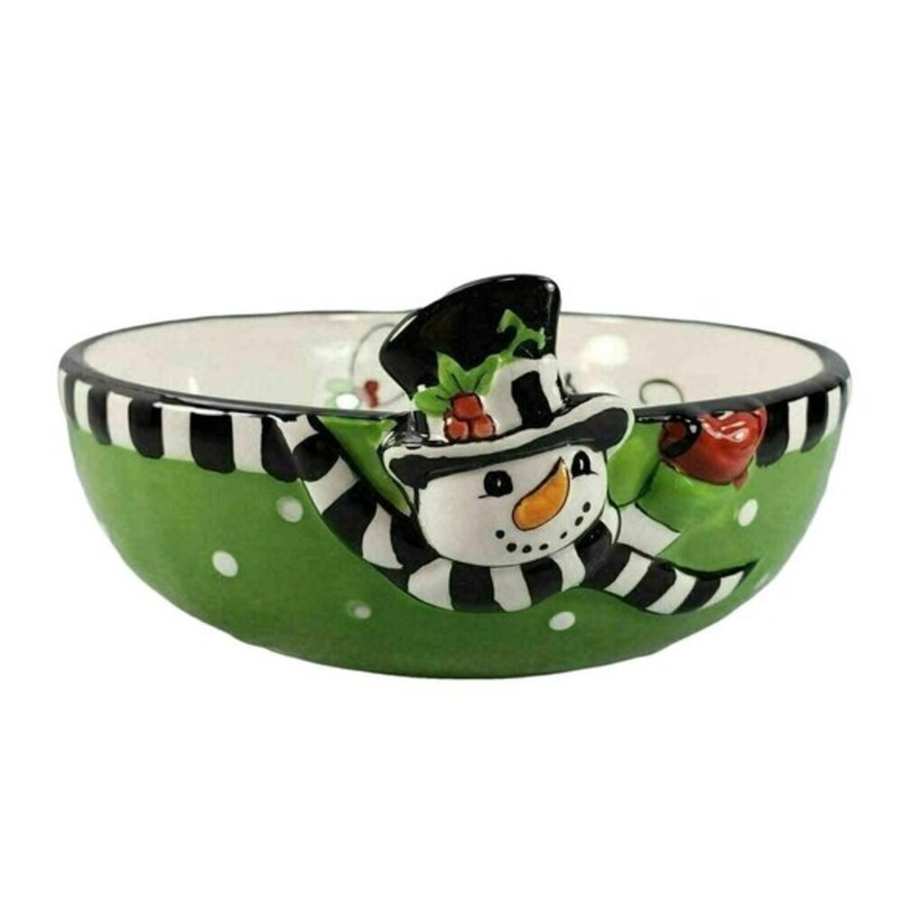 Fitz and Floyd Frostys‎ Frolic Cheers Sentiment Bowl Snack Snowman Embossed READ